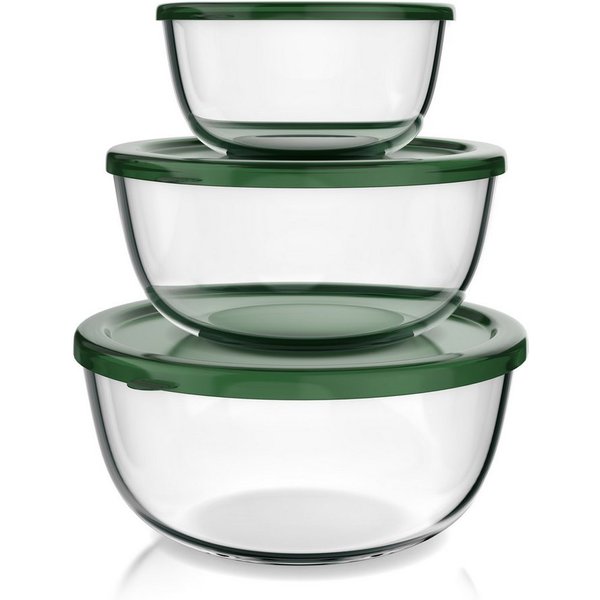 Arendo Salatschüssel 3er Set mit Deckel, Glasschüssel 1,1L / 2,7L / 4,4L, Glas Rührschüssel, Glas, (Set, 3-tlg), Glasschale, BPA-frei, Spülmaschinen- und mikrow