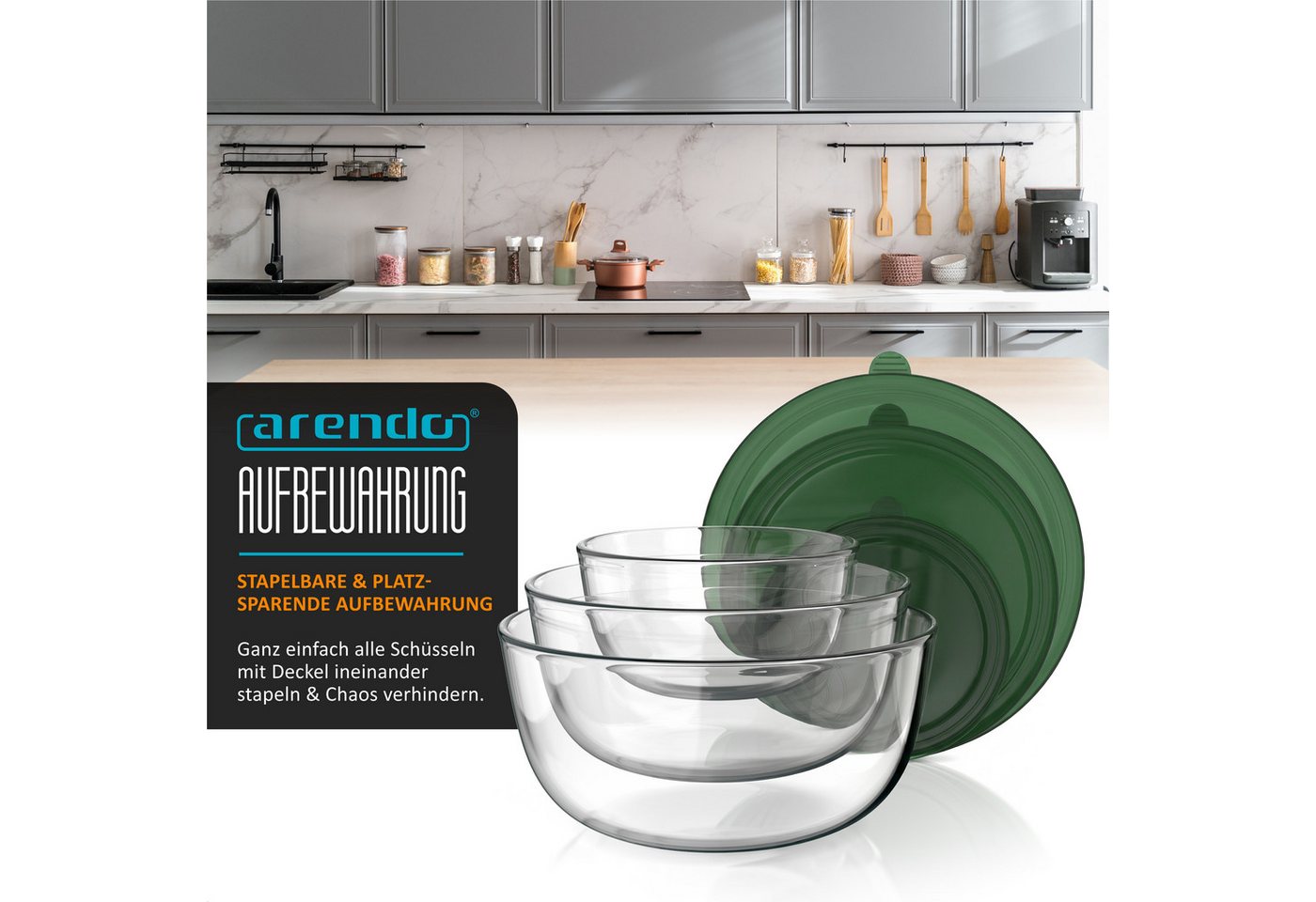 Arendo Salatschüssel 3er Set mit Deckel, Glasschüssel 1,1L / 2,7L / 4,4L, Glas Rührschüssel, Glas, (Set, 3-tlg), Glasschale, BPA-frei, Spülmaschinen- und mikrow – Bild 3 von 5