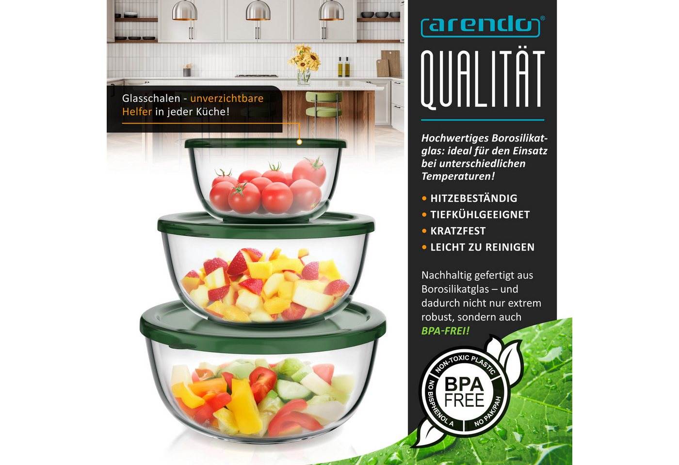 Arendo Salatschüssel 3er Set mit Deckel, Glasschüssel 1,1L / 2,7L / 4,4L, Glas Rührschüssel, Glas, (Set, 3-tlg), Glasschale, BPA-frei, Spülmaschinen- und mikrow – Bild 5 von 5