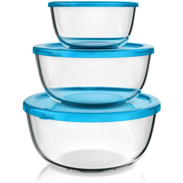 Arendo Salatschüssel 3er Set mit Deckel, Glasschüssel 1,1L / 2,7L / 4,4L, Glas Rührschüssel, Glas, (Set, 3-tlg), Glasschale, BPA-frei, Spülmaschinen- und mikrow