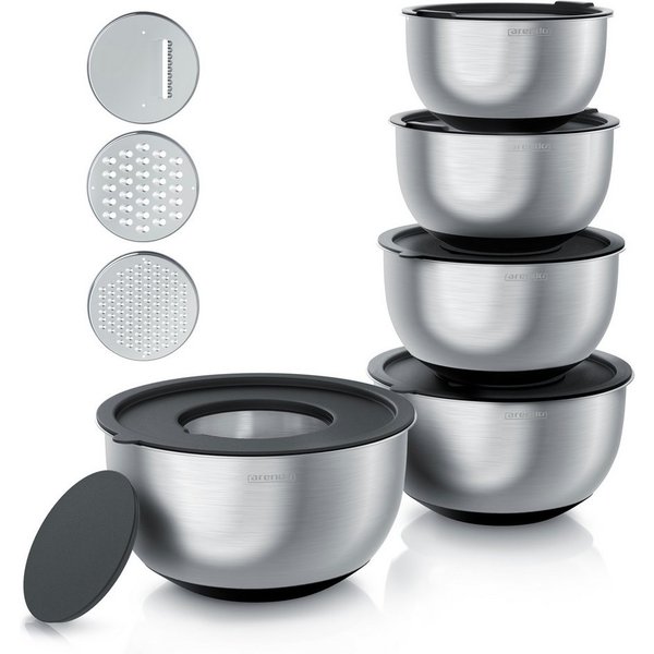 Arendo Salatschüssel 5er Set mit Deckel, Edelstahl Salatschüsseln 1,6 bis 5 L, Rührschüssel, Edelstahl, (Set, 5-tlg), Edelstahlschüssel, 3 Reibaufsätze spülmasc