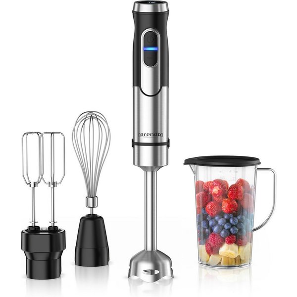 Arendo Stabmixer Edelstahl Pürierstab, Handmixer, Doppelquirl, Schneebesen & Mixbecher, 1500 W, DC-Motor, Turbotaste, Abnehmbarer Mixfuß, 12 Geschwidnigkeitsstu