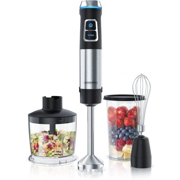 Arendo Stabmixer Edelstahl Pürierstab Set mit Zerkleinerer & Messbecher, Handmixer, 1200 W, mit Schneebesen, 2 Geschwindigkeitsstufen, 4-Klingen, DC Motor