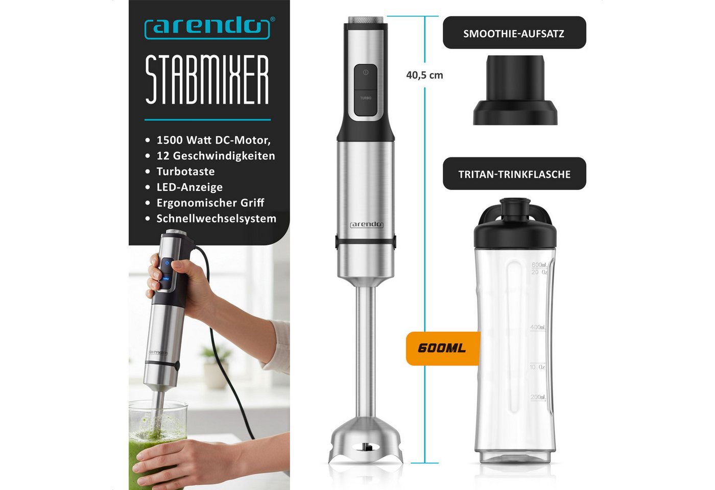 Arendo Stabmixer Set 1500 Watt, Edelstahl Pürierstab, Handmixer, 12 Geschwindigkeiten, 1500 W, Turbotaste, Abnehmbarer Mixfuß, DC-Motor, ergonomischer Griff – Bild 2 von 5