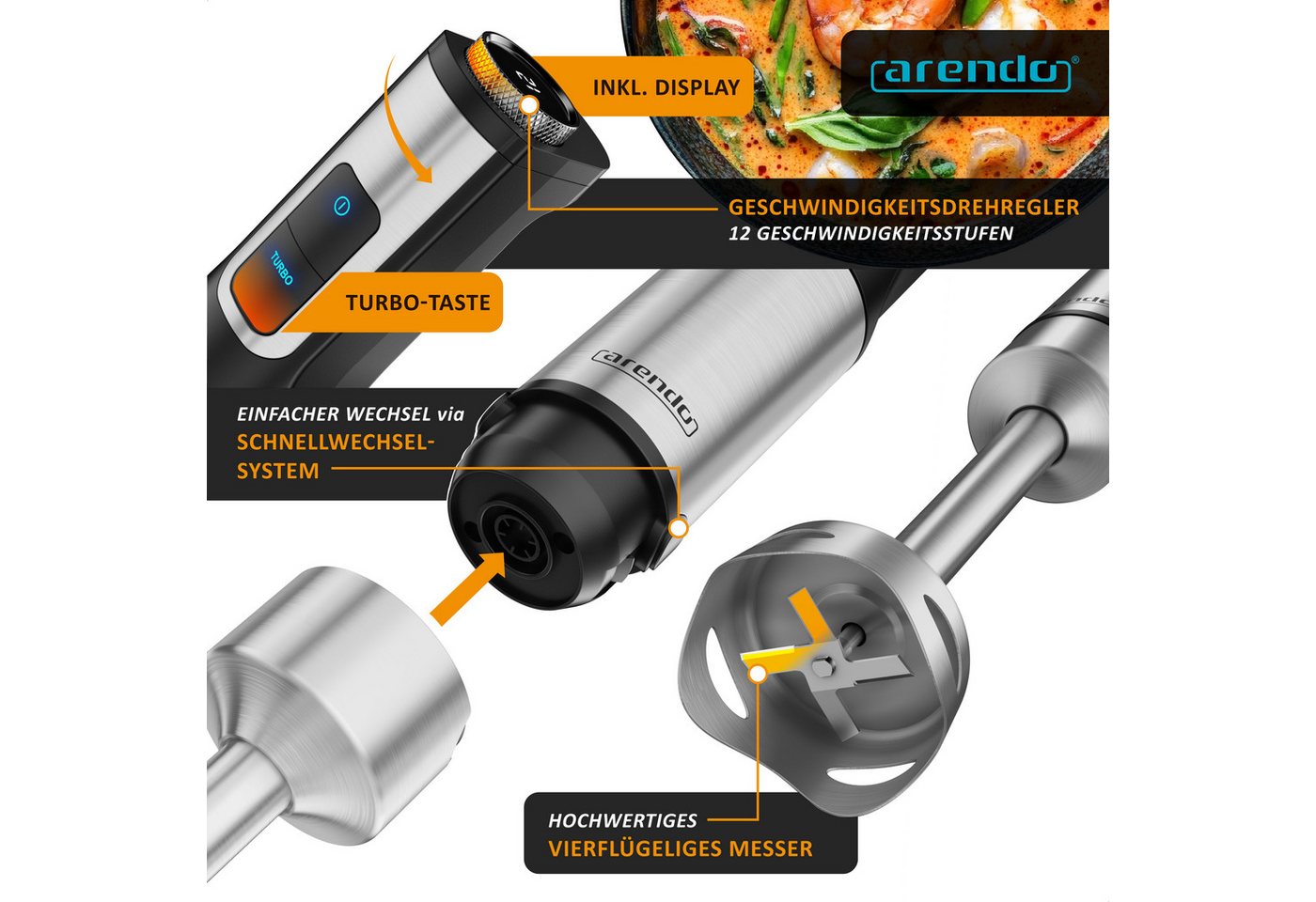 Arendo Stabmixer Set 1500 Watt, Edelstahl Pürierstab, Handmixer, 12 Geschwindigkeiten, 1500 W, Turbotaste, Abnehmbarer Mixfuß, DC-Motor, ergonomischer Griff – Bild 3 von 5