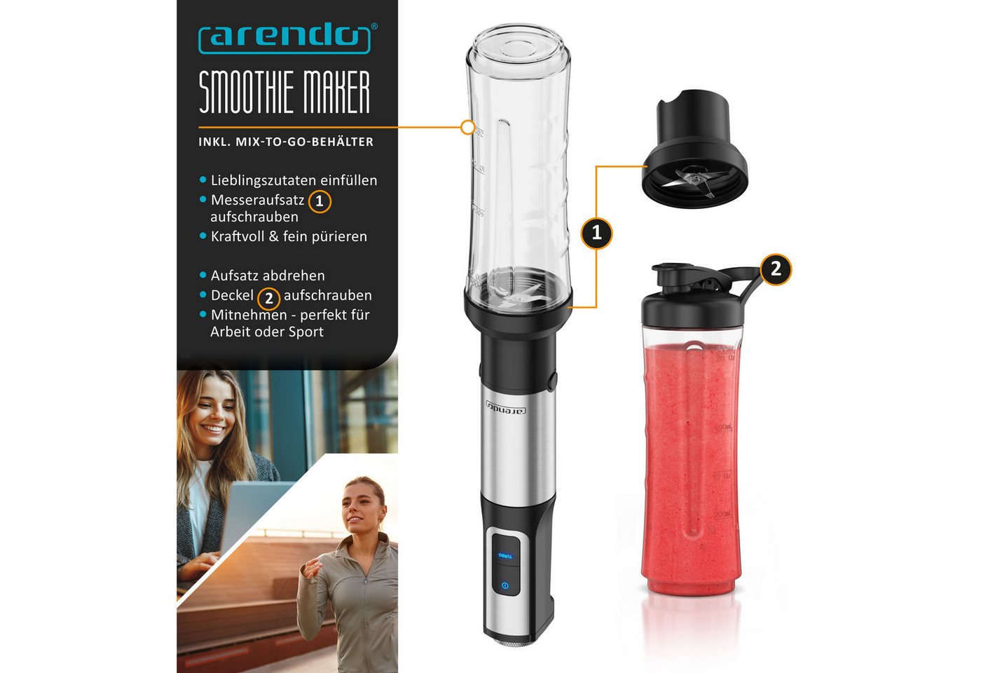 Arendo Stabmixer Set 1500 Watt, Edelstahl Pürierstab, Handmixer, 12 Geschwindigkeiten, 1500 W, Turbotaste, Abnehmbarer Mixfuß, DC-Motor, ergonomischer Griff – Bild 5 von 5