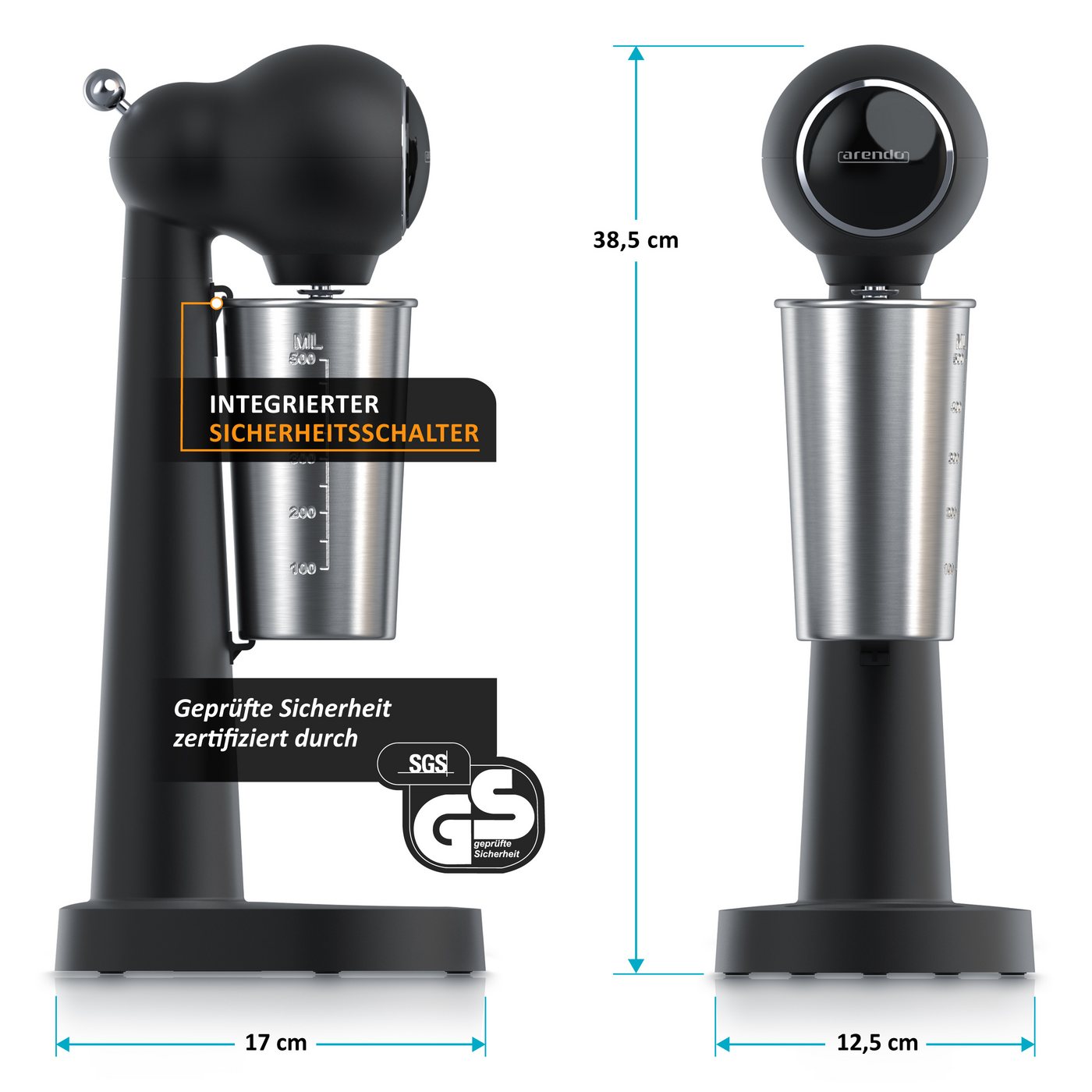 Arendo Standmixer 22.000 U/min, 100 W, 2 Stufen, Edelstahlbecher 500 ml, Smoothie Maker, 100 W, Blender, Doppelrührstab, Sicherheitsschalter, Anti-Rutsch-Füße – Bild 2 von 5