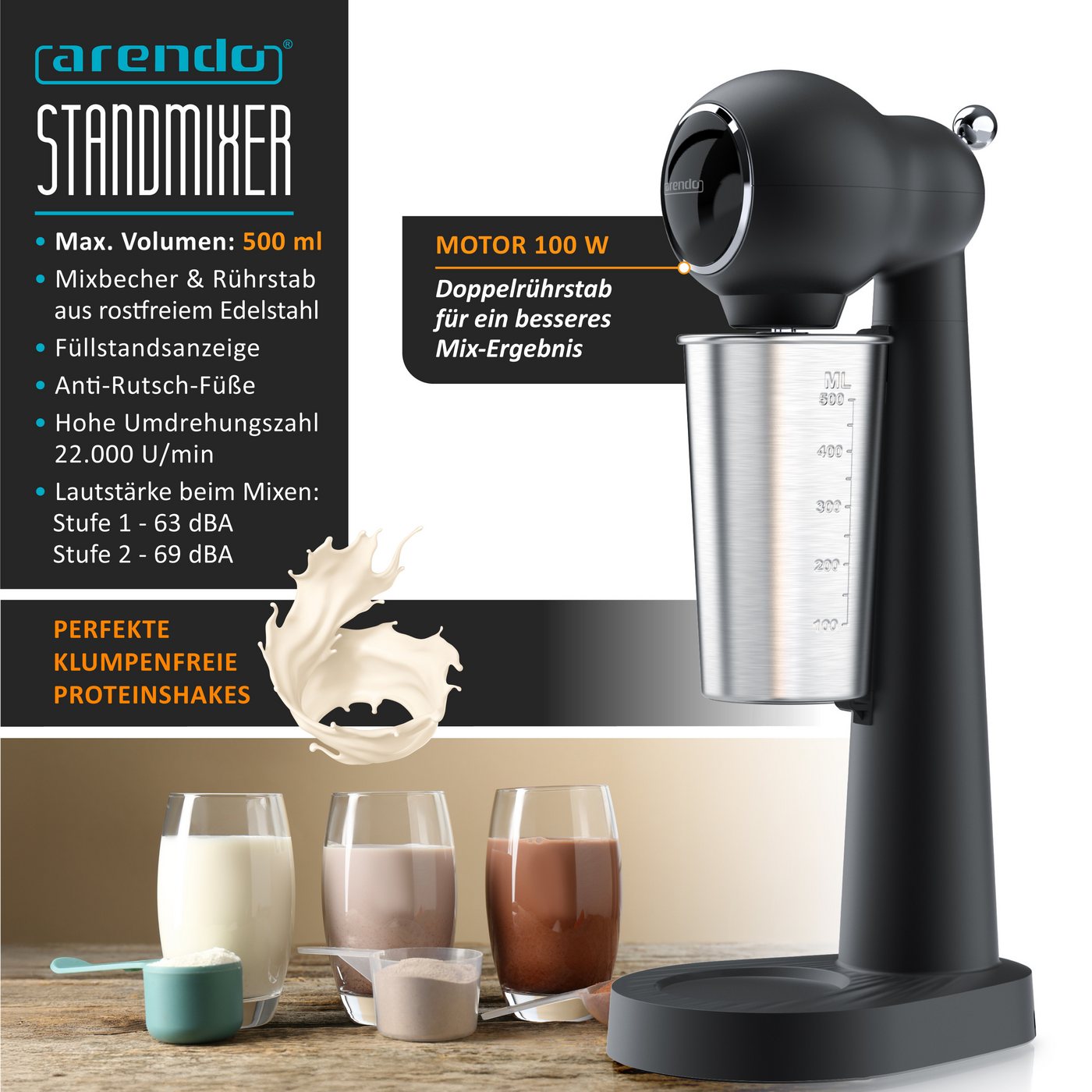 Arendo Standmixer 22.000 U/min, 100 W, 2 Stufen, Edelstahlbecher 500 ml, Smoothie Maker, 100 W, Blender, Doppelrührstab, Sicherheitsschalter, Anti-Rutsch-Füße – Bild 3 von 5