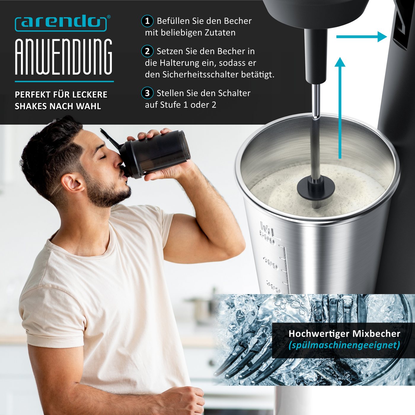 Arendo Standmixer 22.000 U/min, 100 W, 2 Stufen, Edelstahlbecher 500 ml, Smoothie Maker, 100 W, Blender, Doppelrührstab, Sicherheitsschalter, Anti-Rutsch-Füße – Bild 5 von 5