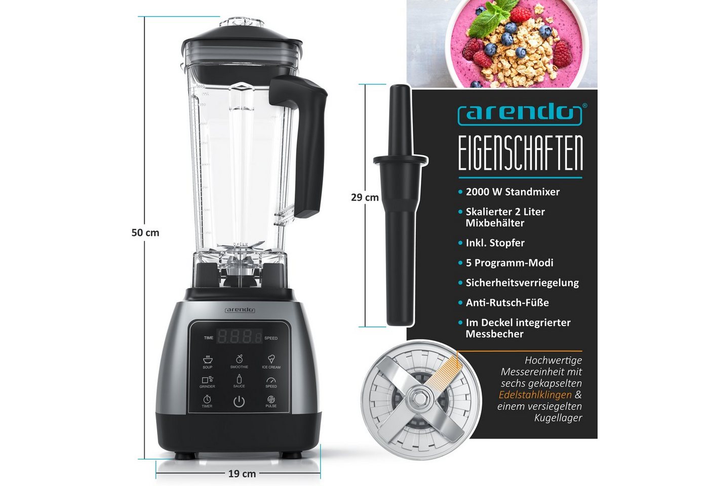 Arendo Standmixer Hochleitungsmixer 2000 W mit Touchpanel, max. 24.000 U/min, Blender, 2000 W, Smoothie Maker, 5 Programme, Timer, Mixer mit Display – Bild 2 von 5