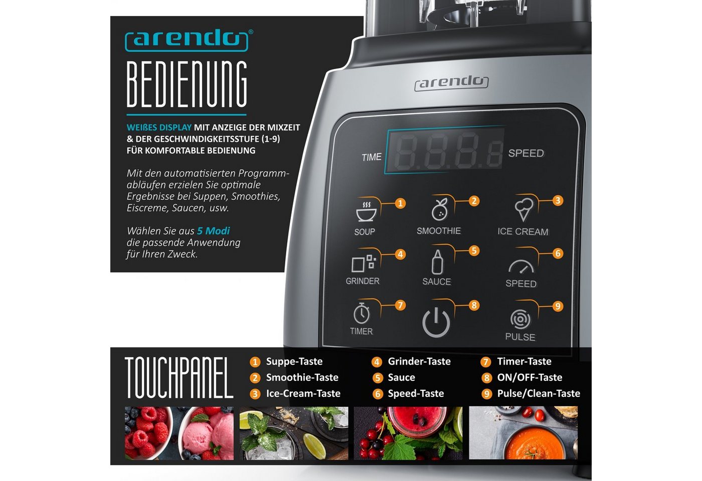 Arendo Standmixer Hochleitungsmixer 2000 W mit Touchpanel, max. 24.000 U/min, Blender, 2000 W, Smoothie Maker, 5 Programme, Timer, Mixer mit Display – Bild 3 von 5