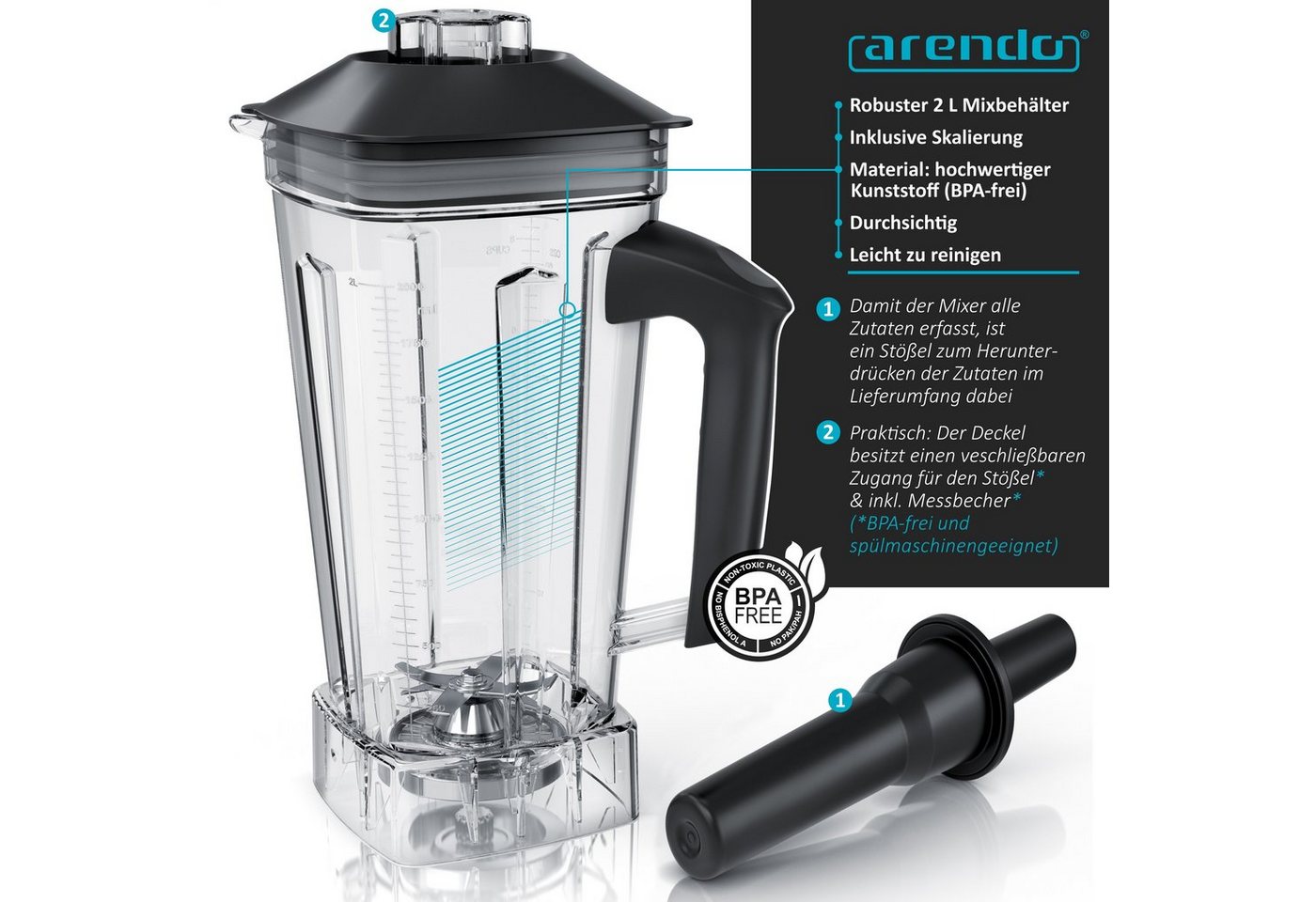 Arendo Standmixer Hochleitungsmixer 2000 W mit Touchpanel, max. 24.000 U/min, Blender, 2000 W, Smoothie Maker, 5 Programme, Timer, Mixer mit Display – Bild 4 von 5