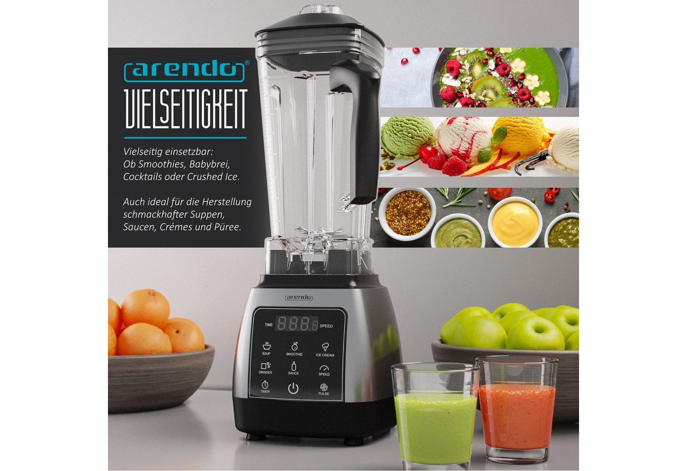 Arendo Standmixer Hochleitungsmixer 2000 W mit Touchpanel, max. 24.000 U/min, Blender, 2000 W, Smoothie Maker, 5 Programme, Timer, Mixer mit Display – Bild 5 von 5