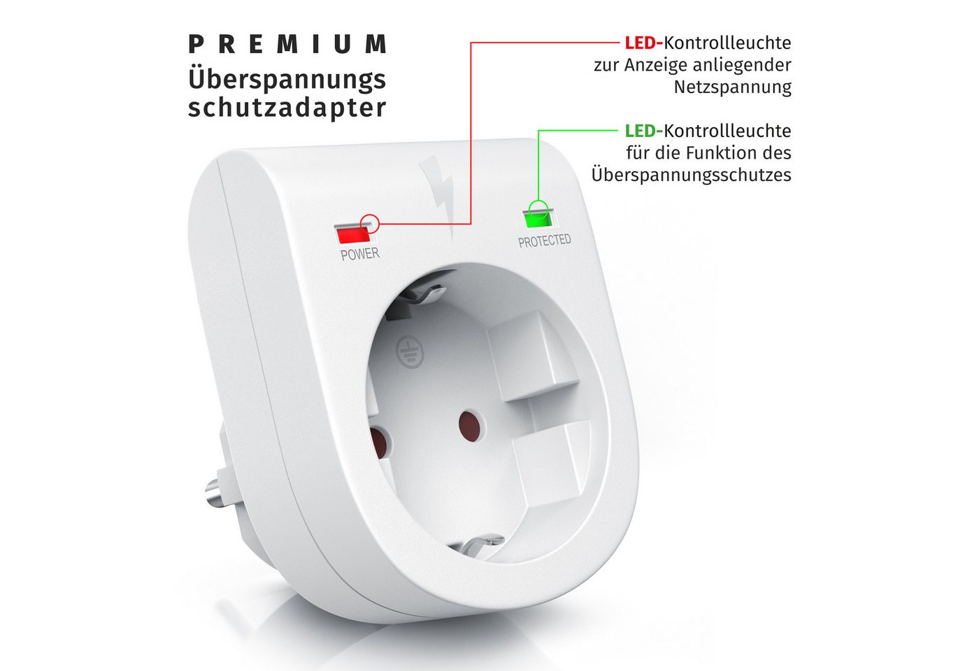 Arendo Steckdose Schuko Überspannungsschutzadapter, LED, Kindersicherung, 3500W, 1-St., IP20, integrierter Berührungsschutz, belastbar bis 16 A, LED-Anzeige – Bild 4 von 5