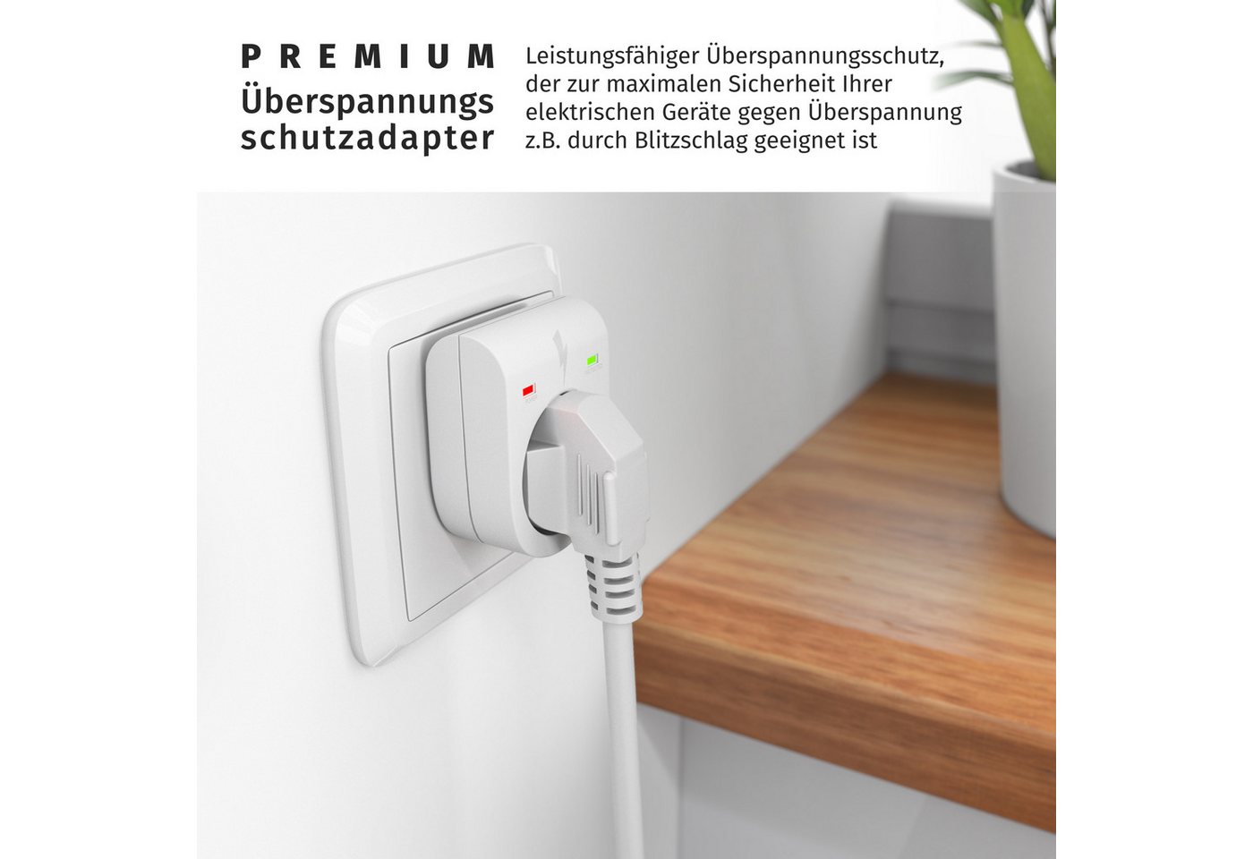 Arendo Steckdose Schuko Überspannungsschutzadapter, LED, Kindersicherung, 3500W, 1-St., IP20, integrierter Berührungsschutz, belastbar bis 16 A, LED-Anzeige – Bild 5 von 5