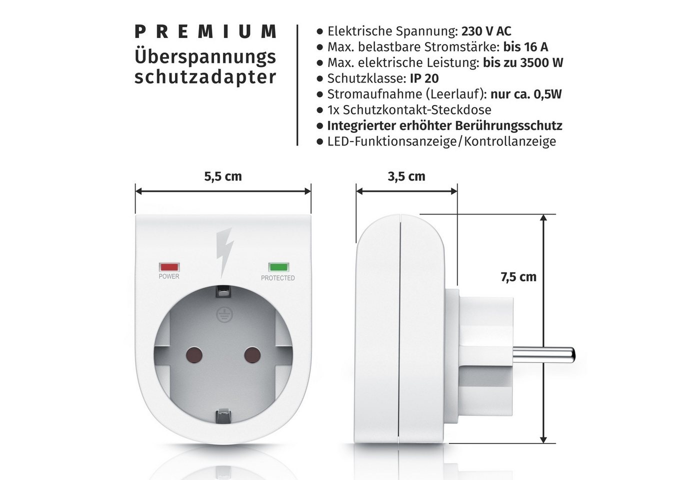 Arendo Steckdose Schuko Überspannungsschutzadapter, LED, Kindersicherung, 3500W, 2-St., IP20, integrierter Berührungsschutz, belastbar bis 16 A, LED-Anzeige – Bild 2 von 5