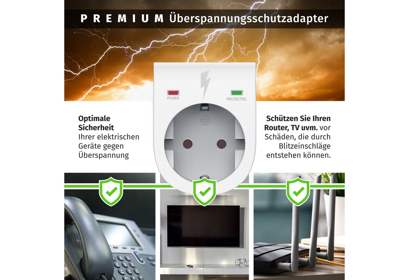 Arendo Steckdose Schuko Überspannungsschutzadapter, LED, Kindersicherung, 3500W, 2-St., IP20, integrierter Berührungsschutz, belastbar bis 16 A, LED-Anzeige – Bild 3 von 5