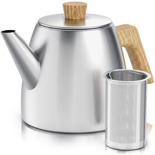 Arendo Teekanne Edelstahl, Siebeinsatz, 1000 ml, mit Griffen aus Holz, Isolierkanne, 1 l, (Set, 2-St), Doppelwandige Thermo Isolierung, Kanne mit Teesieb für lo
