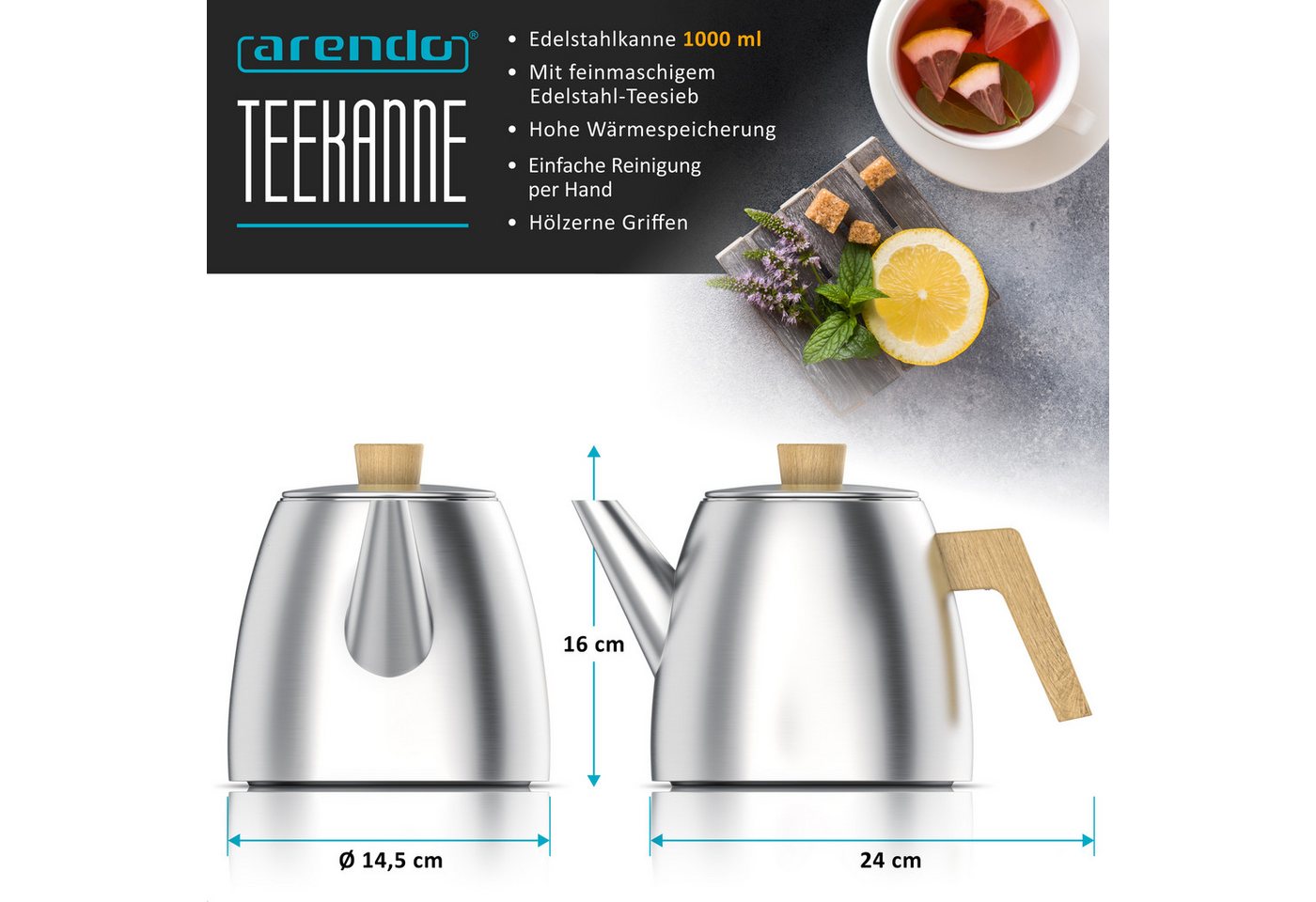 Arendo Teekanne Edelstahl, Siebeinsatz, 1000 ml, mit Griffen aus Holz, Isolierkanne, 1 l, (Set, 2-St), Doppelwandige Thermo Isolierung, Kanne mit Teesieb für lo – Bild 2 von 5