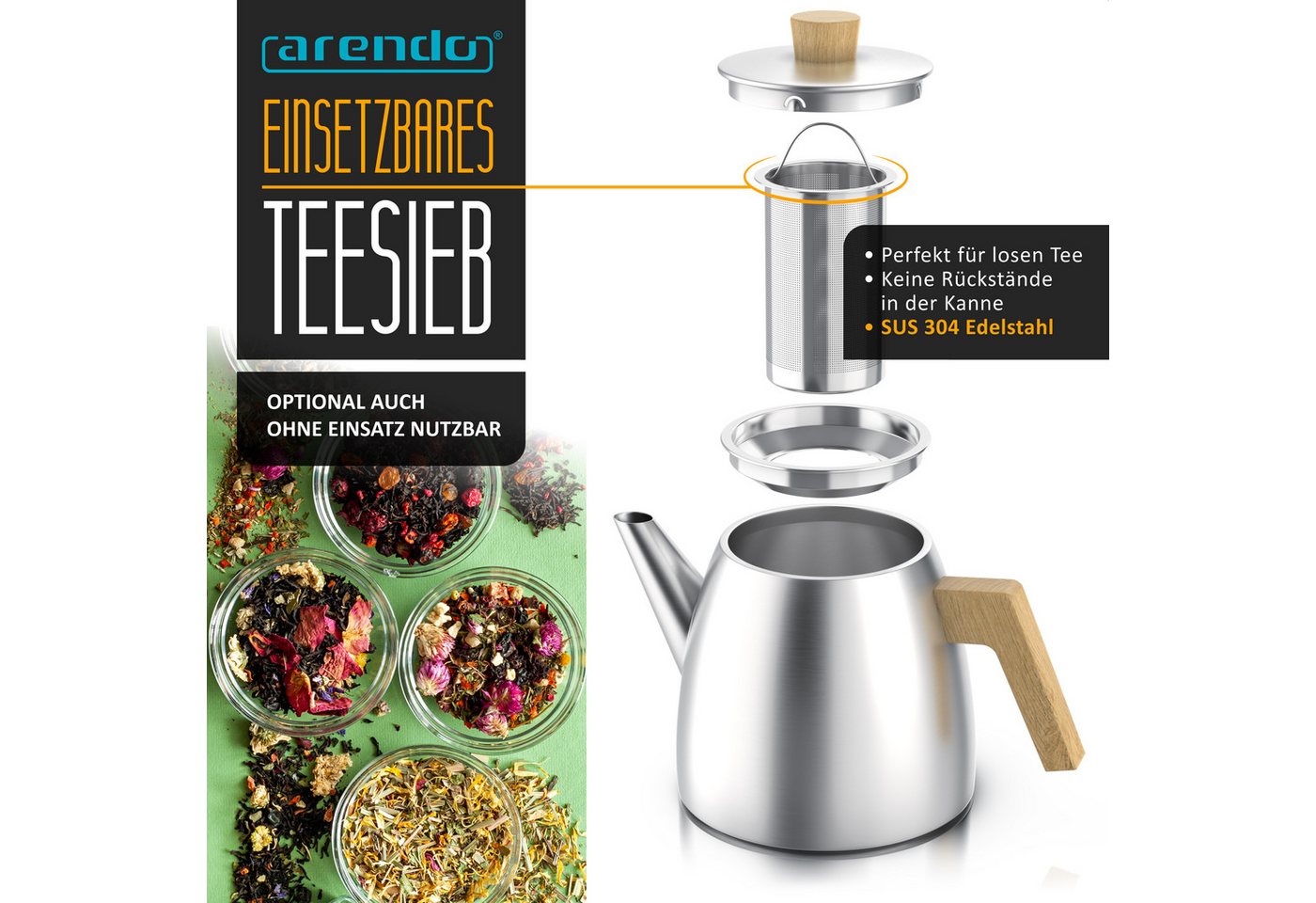 Arendo Teekanne Edelstahl, Siebeinsatz, 1000 ml, mit Griffen aus Holz, Isolierkanne, 1 l, (Set, 2-St), Doppelwandige Thermo Isolierung, Kanne mit Teesieb für lo – Bild 3 von 5
