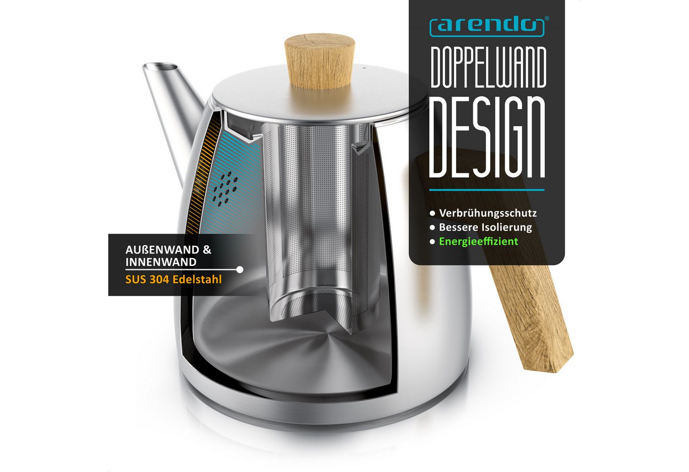 Arendo Teekanne Edelstahl, Siebeinsatz, 1000 ml, mit Griffen aus Holz, Isolierkanne, 1 l, (Set, 2-St), Doppelwandige Thermo Isolierung, Kanne mit Teesieb für lo – Bild 5 von 5
