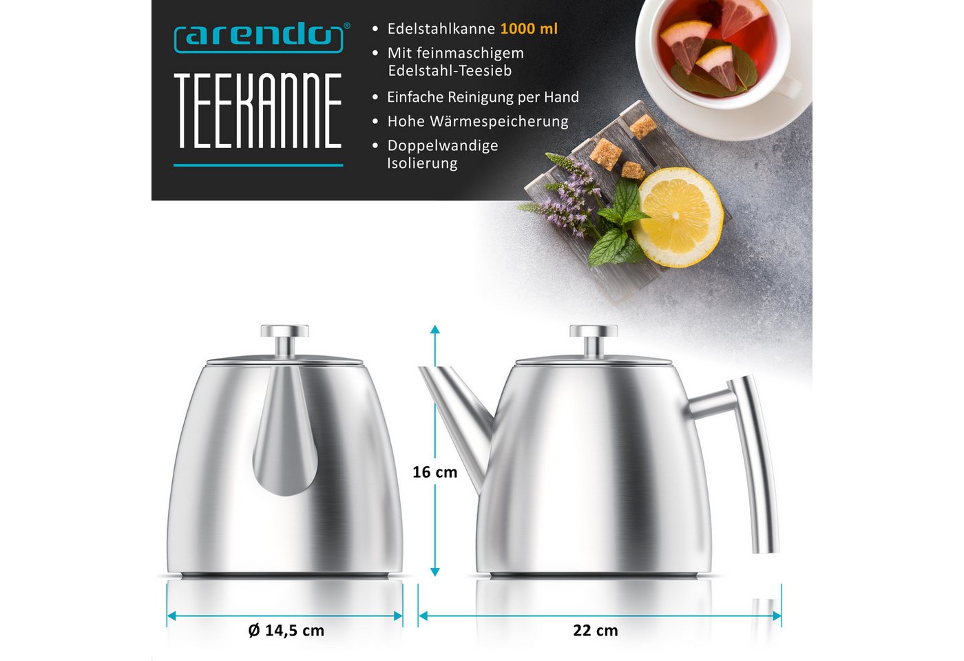 Arendo Teekanne Edelstahl, Siebeinsatz, 1000 ml, mit Griff aus Metall, Isolierkanne, 1 l, (Set, 2-St), Doppelwandige Thermo Isolierung, Kanne mit Teesieb für lo – Bild 2 von 5