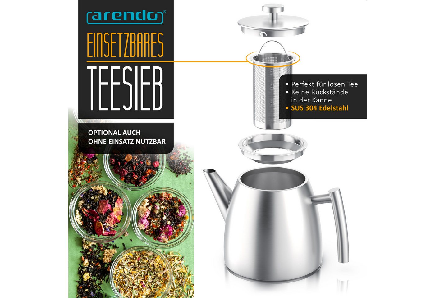 Arendo Teekanne Edelstahl, Siebeinsatz, 1000 ml, mit Griff aus Metall, Isolierkanne, 1 l, (Set, 2-St), Doppelwandige Thermo Isolierung, Kanne mit Teesieb für lo – Bild 3 von 5