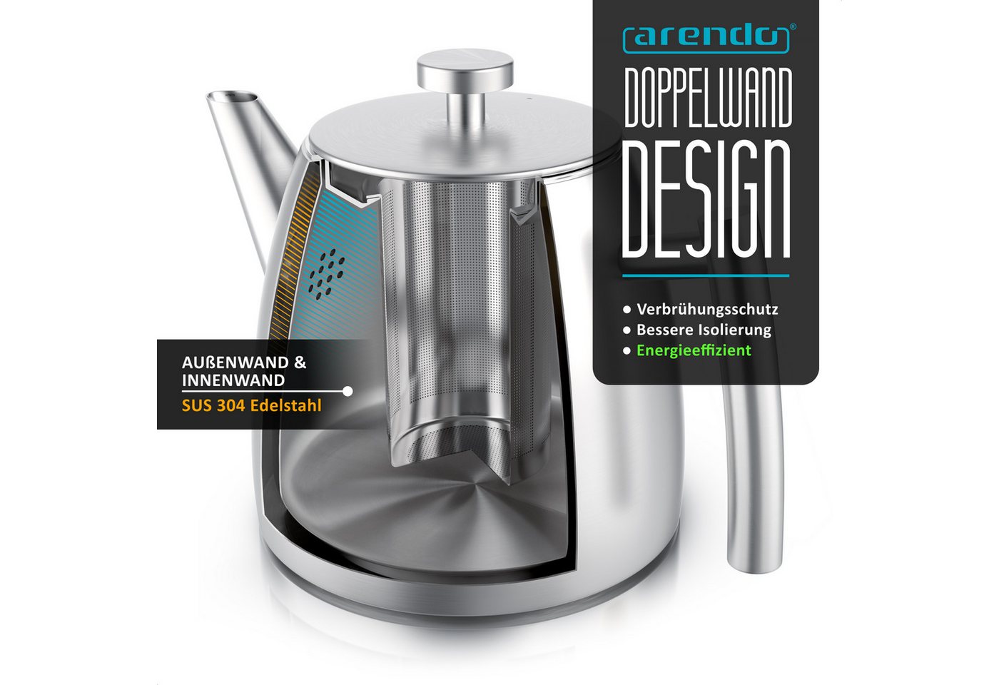 Arendo Teekanne Edelstahl, Siebeinsatz, 1000 ml, mit Griff aus Metall, Isolierkanne, 1 l, (Set, 2-St), Doppelwandige Thermo Isolierung, Kanne mit Teesieb für lo – Bild 5 von 5