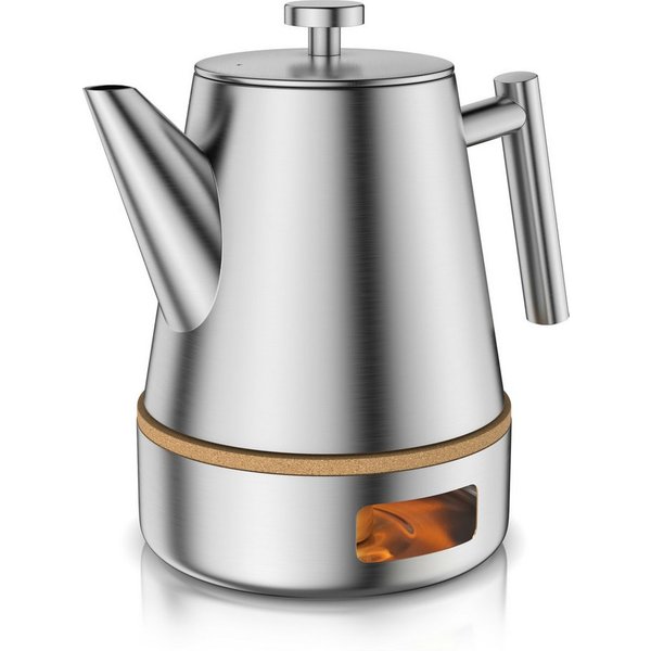 Arendo Teekanne Edelstahl Isolierkanne mit Stövchen & Siebeinsatz, 1000ml, Metallgriff, 1 l, (Set, 3-St., Stövchen, Teesieb), Doppelwandige Thermo Isolierung, K