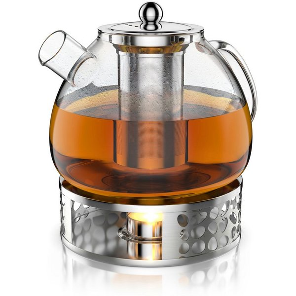 Arendo Teekanne Glas Teebereiter mit Stövchen, Früchtetee, Sieb für losen Tee, Kräuter, 1,5 l, (Set, Rechaud, Glaskanne, Teesieb), Borosilikatglas, Tischkocher,