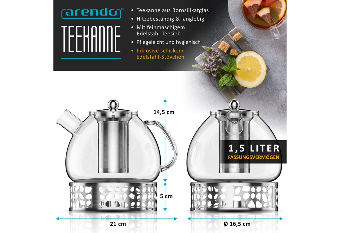 Arendo Teekanne Glas Teebereiter mit Stövchen, Früchtetee, Sieb für losen Tee, Kräuter, 1,5 l, (Set, Rechaud, Glaskanne, Teesieb), Borosilikatglas, Tischkocher, – Bild 2 von 5