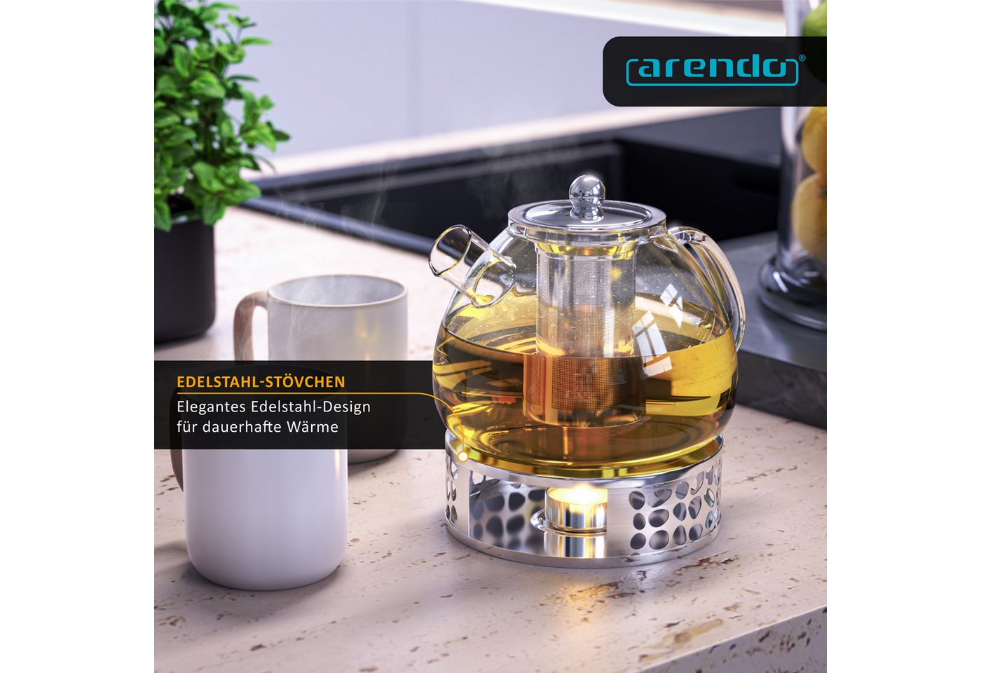 Arendo Teekanne Glas Teebereiter mit Stövchen, Früchtetee, Sieb für losen Tee, Kräuter, 1,5 l, (Set, Rechaud, Glaskanne, Teesieb), Borosilikatglas, Tischkocher, – Bild 5 von 5
