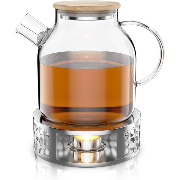 Arendo Teekanne Glas Teebereiter mit Stövchen, Sieb & Bambusdeckel für losen Tee, 1,4 l, (Set, 1-St., Rechaud, Glaskanne, Teesieb), Borosilikatglas, Tischkocher