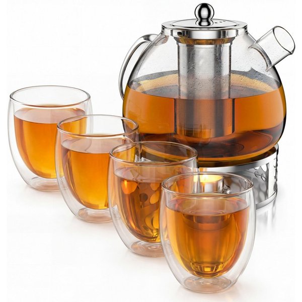 Arendo Teekanne Stövchen 1,5L Sieb + 4 Thermogläser 350ml, 1,5 l, (Set, 1-St., Rechaud, Glaskanne, Teesieb), Borosilikatglas, Tischkocher, Edelstahlsieb, hitzeb