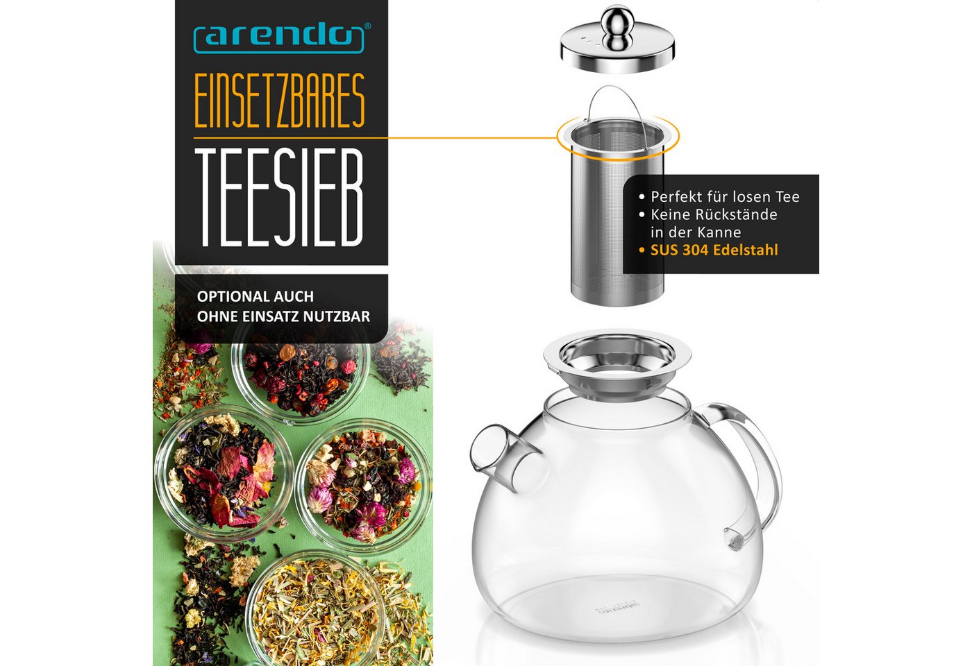 Arendo Teekanne Stövchen 1,5L Sieb + 4 Thermogläser 350ml, 1,5 l, (Set, 1-St., Rechaud, Glaskanne, Teesieb), Borosilikatglas, Tischkocher, Edelstahlsieb, hitzeb – Bild 3 von 5