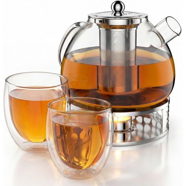 Arendo Teekanne Stövchen 1,5L Sieb + 2 Thermogläser 350ml, 1,5 l, (Set, 1-St., Rechaud, Glaskanne, Teesieb), Borosilikatglas, Tischkocher, Edelstahlsieb, hitzeb