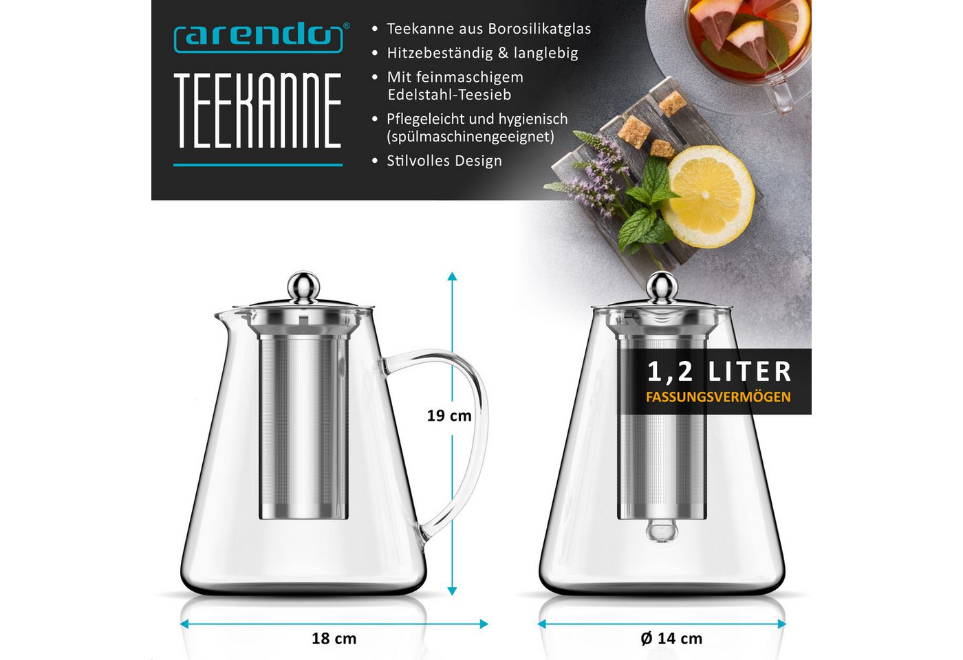 Arendo Teekanne Teebereiter aus Borosilikatglas mit Teefilter & Teesieb für losen Tee, 1,2 l, (Set, 1-St., Glas Kanne, Edelstahlfilter), Mit Siebeinsatz aus Ede – Bild 2 von 5