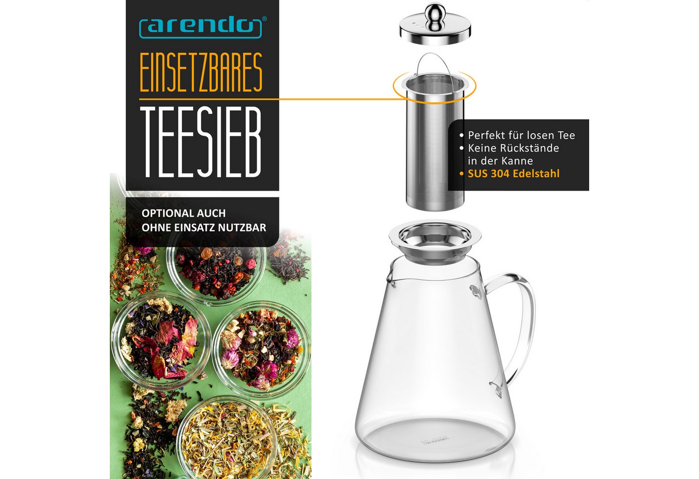 Arendo Teekanne Teebereiter aus Borosilikatglas mit Teefilter & Teesieb für losen Tee, 1,2 l, (Set, 1-St., Glas Kanne, Edelstahlfilter), Mit Siebeinsatz aus Ede – Bild 3 von 5