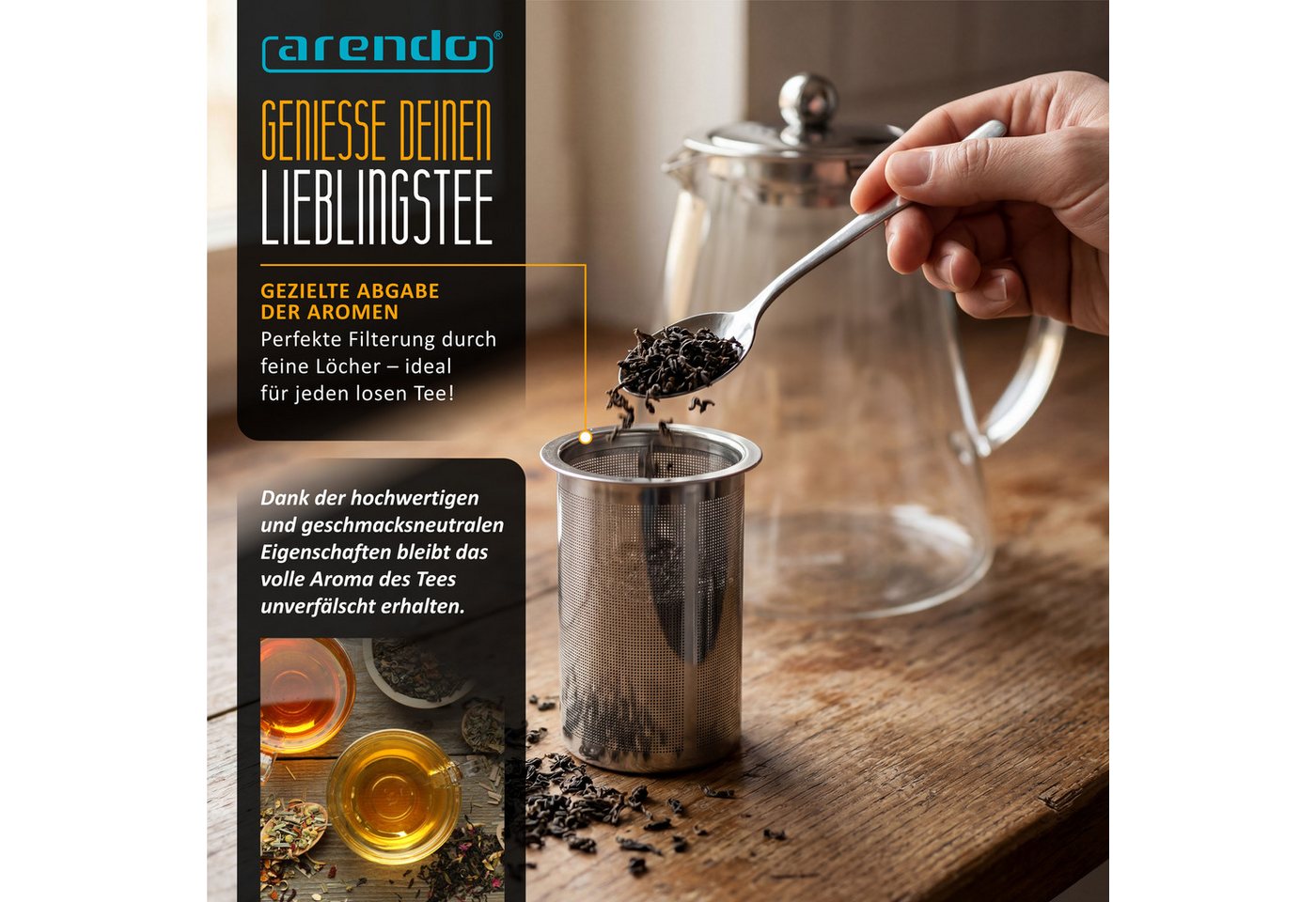 Arendo Teekanne Teebereiter aus Borosilikatglas mit Teefilter & Teesieb für losen Tee, 1,2 l, (Set, 1-St., Glas Kanne, Edelstahlfilter), Mit Siebeinsatz aus Ede – Bild 4 von 5