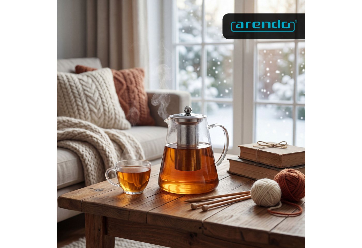 Arendo Teekanne Teebereiter aus Borosilikatglas mit Teefilter & Teesieb für losen Tee, 1,2 l, (Set, 1-St., Glas Kanne, Edelstahlfilter), Mit Siebeinsatz aus Ede – Bild 5 von 5
