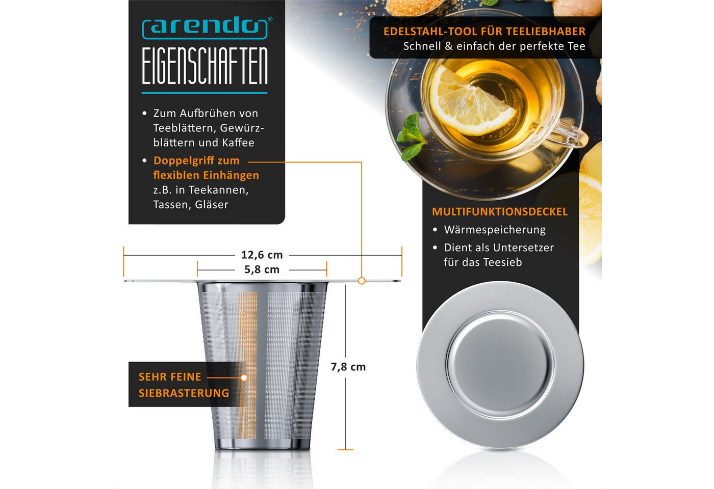 Arendo Teesieb aus Edelstahl, Doppelgriff & Multifunktionsdeckel, für Kannen & Tassen, Edelstahl 304, (1-St), Teefilter, Kräutersieb für Tee, Gewürze, Kräuter,  – Bild 2 von 5