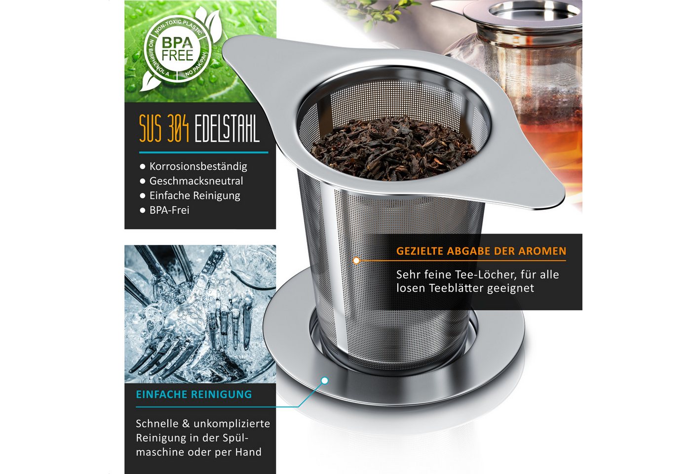 Arendo Teesieb aus Edelstahl, Doppelgriff & Multifunktionsdeckel, für Kannen & Tassen, Edelstahl 304, (1-St), Teefilter, Kräutersieb für Tee, Gewürze, Kräuter,  – Bild 3 von 5