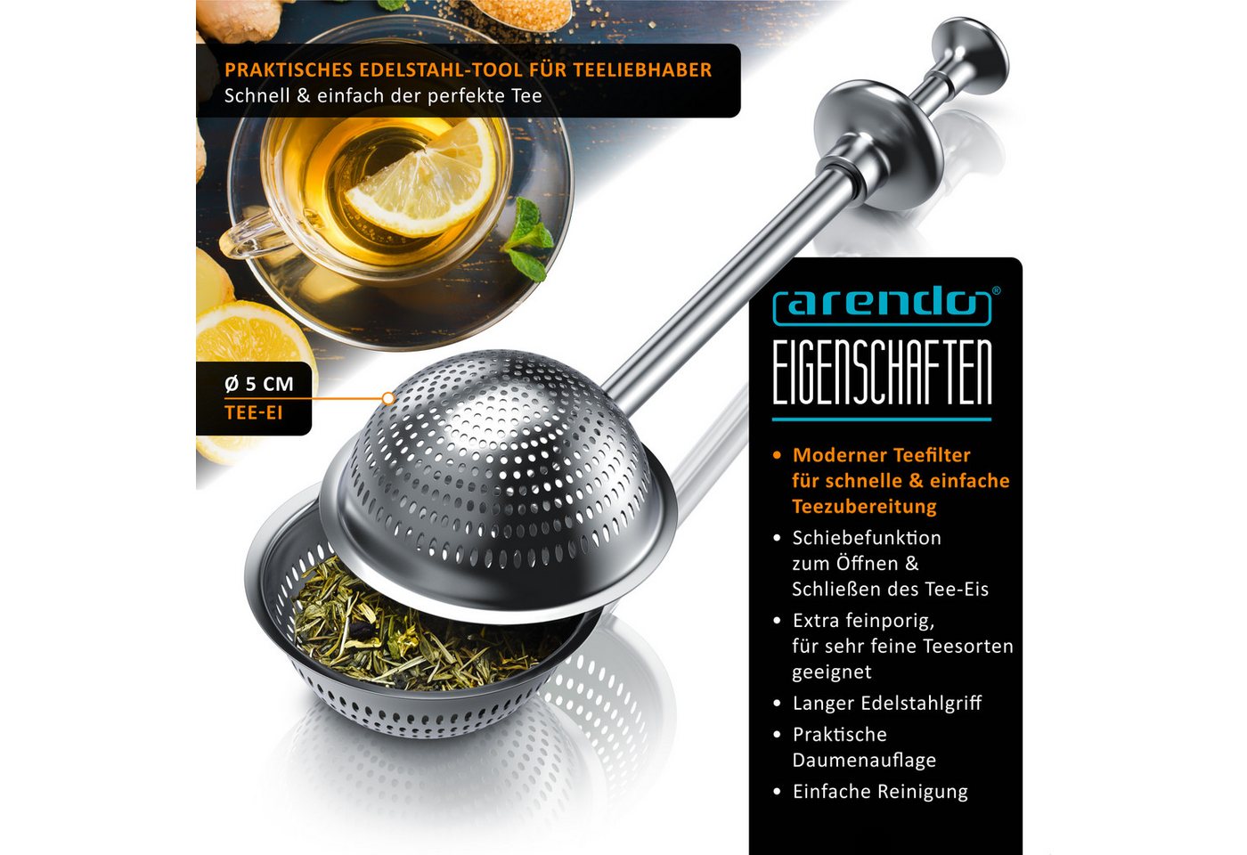 Arendo Teesieb aus Edelstahl, Tee-Ei mit langem Griff und Daumenauflage, Gewürzkugel, Edelstahl 304, (1-St), Teefilter, Kräutersieb mit Teleskopgriff für Tee, G – Bild 2 von 5