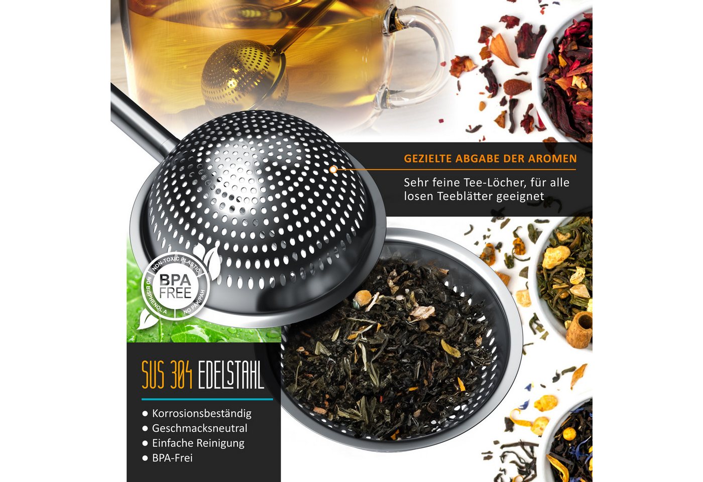 Arendo Teesieb aus Edelstahl, Tee-Ei mit langem Griff und Daumenauflage, Gewürzkugel, Edelstahl 304, (1-St), Teefilter, Kräutersieb mit Teleskopgriff für Tee, G – Bild 4 von 5