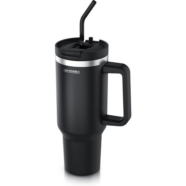Arendo Thermobecher Thermal Mug 1200 ml, Tumbler, Becher mit Deckel, Henkel und Strohhalm, 4-tlg., Edelstahl, kohlensäuregeeignet, auslaufsicher, doppelwandig, 