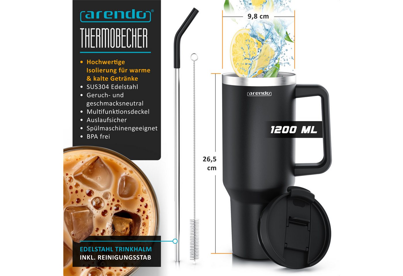 Arendo Thermobecher Thermal Mug 1200 ml, Tumbler, Becher mit Deckel, Henkel und Strohhalm, 4-tlg., Edelstahl, kohlensäuregeeignet, auslaufsicher, doppelwandig,  – Bild 2 von 5