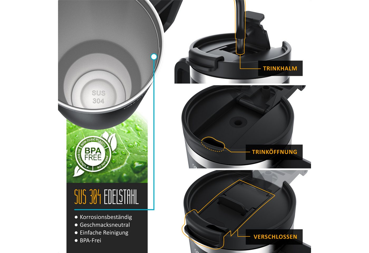 Arendo Thermobecher Thermal Mug 1200 ml, Tumbler, Becher mit Deckel, Henkel und Strohhalm, 4-tlg., Edelstahl, kohlensäuregeeignet, auslaufsicher, doppelwandig,  – Bild 3 von 5