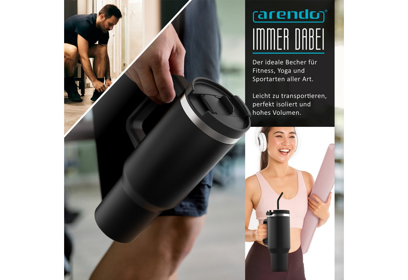 Arendo Thermobecher Thermal Mug 1200 ml, Tumbler, Becher mit Deckel, Henkel und Strohhalm, 4-tlg., Edelstahl, kohlensäuregeeignet, auslaufsicher, doppelwandig,  – Bild 4 von 5