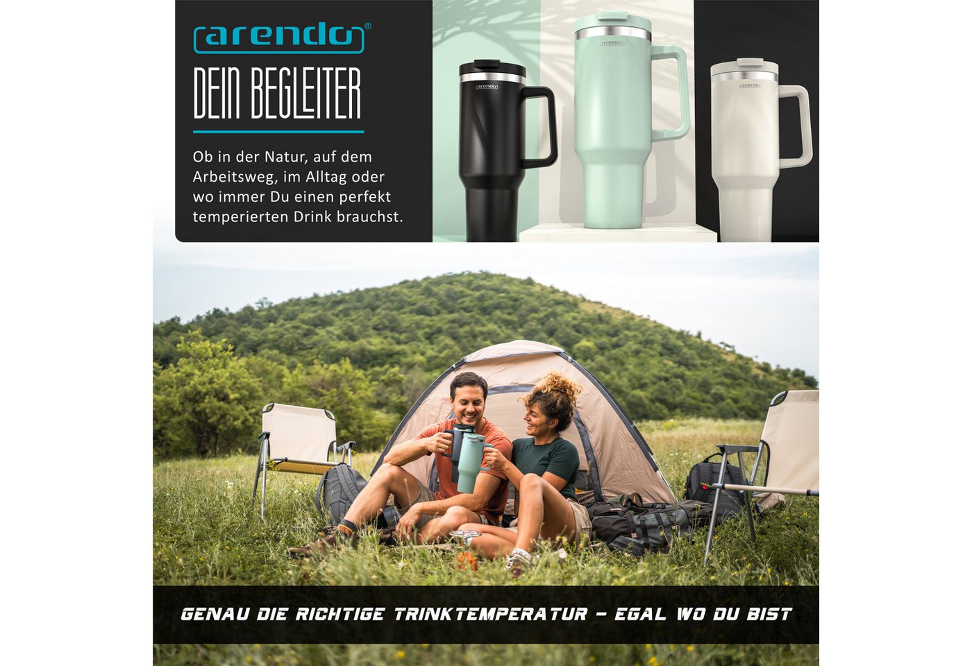 Arendo Thermobecher Thermal Mug 1200 ml, Tumbler, Becher mit Deckel, Henkel und Strohhalm, 4-tlg., Edelstahl, kohlensäuregeeignet, auslaufsicher, doppelwandig,  – Bild 5 von 5