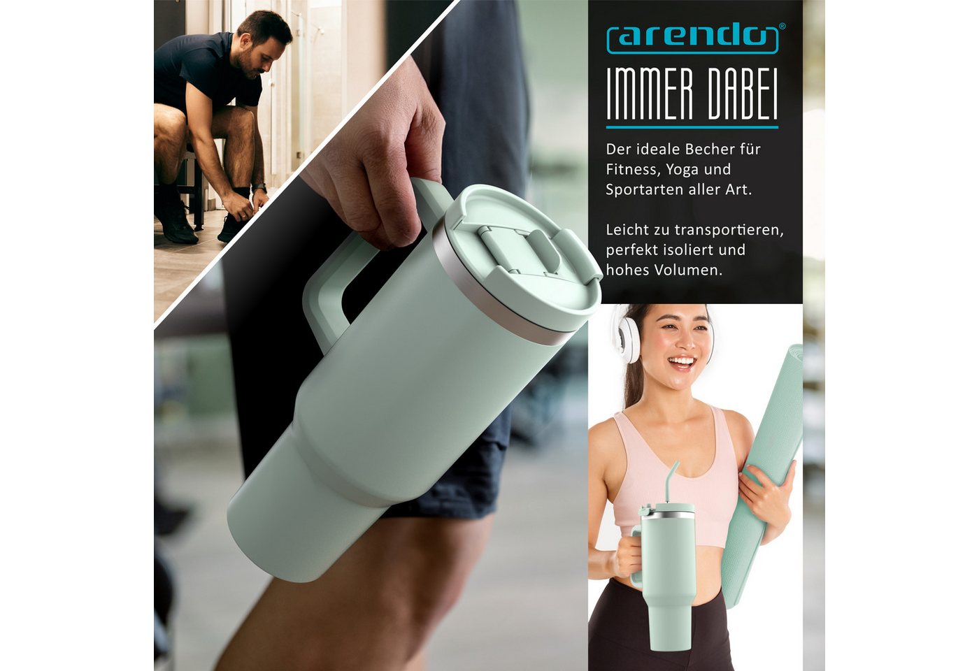Arendo Thermobecher Thermal Mug 1200 ml, Becher mit Deckel, Henkel und Strohhalm, Tumbler, 1-tlg., Edelstahl, kohlensäuregeeignet, auslaufsicher, doppelwandig,  – Bild 4 von 5